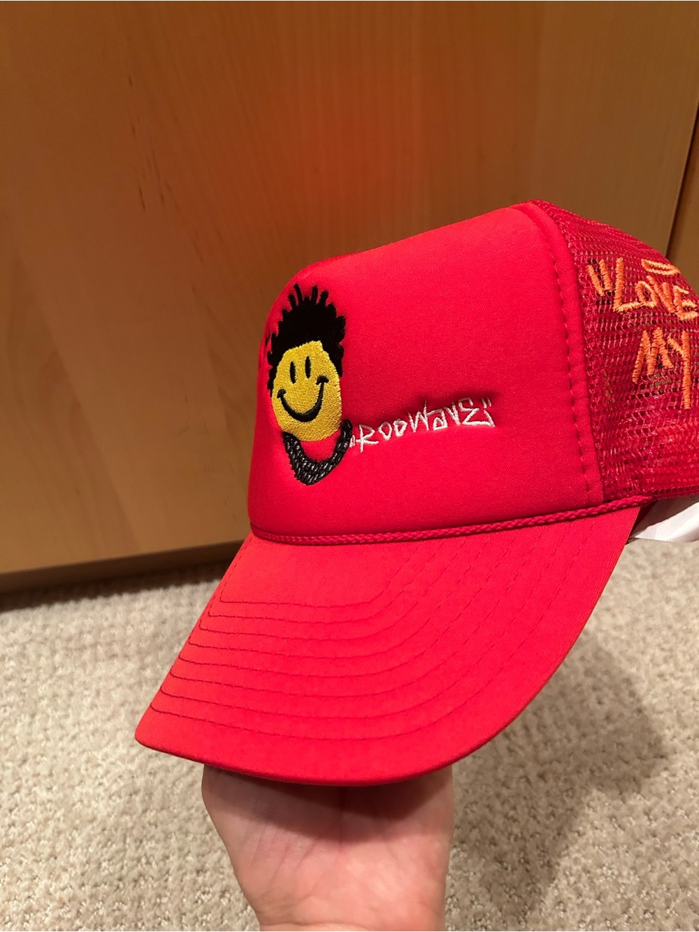 Red Smiley Face Trucker Hat with Heart Accents